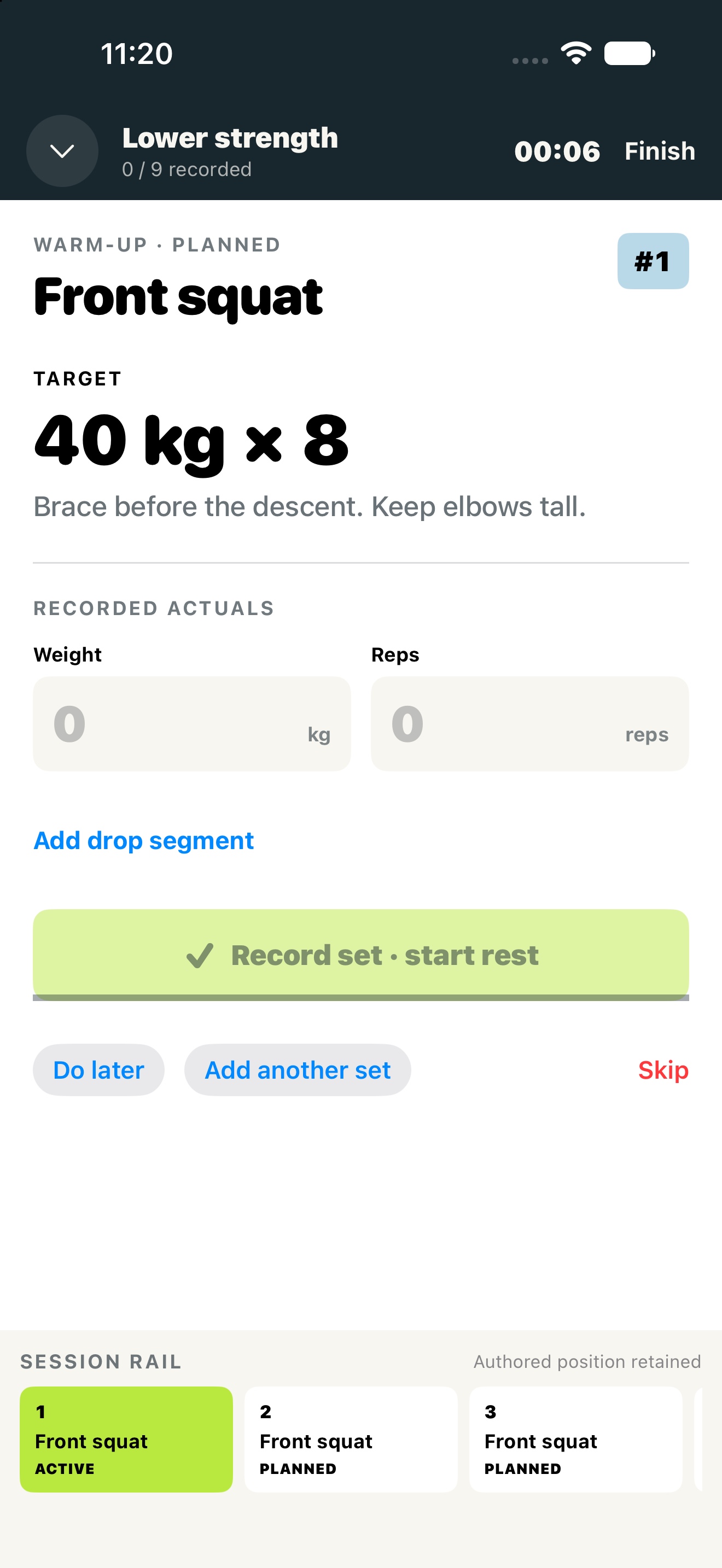 Setline workout player showing the current set